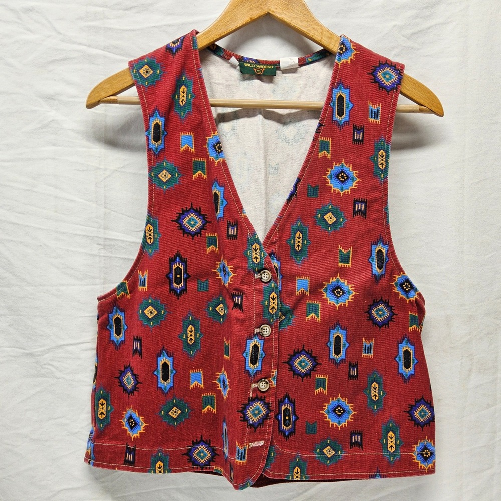 Willowbend Corduroy Vest Women Small Red Southwestern Geometric Button Front USA